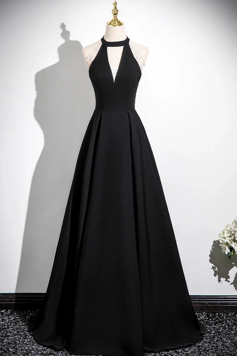 Black A-Line Halter Sleeveless Bead string Pleated Backless Elegant Long Prom Dresses Formal Graduation Dress Evening Dresses
