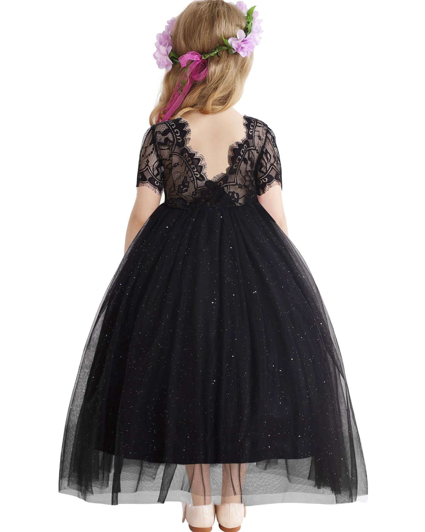 AERBA DRESS Wedding Flower Girl Dresses Lace Back V-Neck Dress Full-Length Sparkle Tulle Dresses