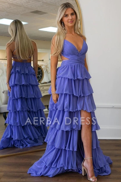 AERBA DRESS Formal Wear Dresses A-Line Spaghetti Straps Backless Lace Up Long Ruched Tiered With Slit Exquisite Prom Dress