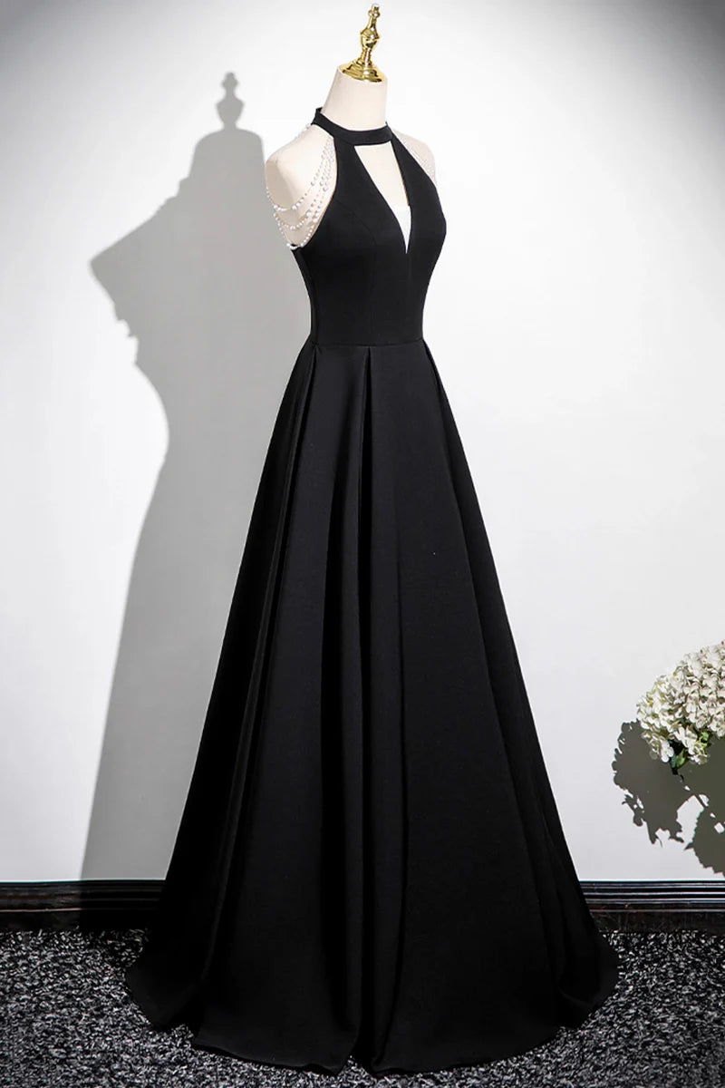 Black A-Line Halter Sleeveless Bead string Pleated Backless Elegant Long Prom Dresses Formal Graduation Dress Evening Dresses