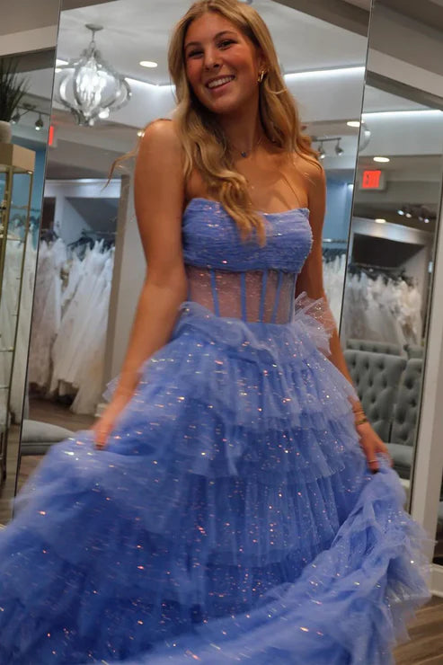 AerbaDress Sparkly Long Evening Dress A-Line Strapless Tiered Tulle Prom Dresses