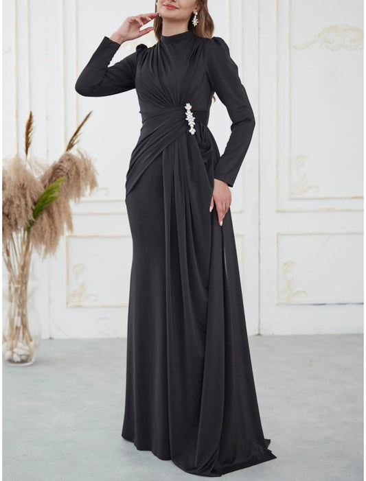 A-Line Evening Gown Elegant Black Dress Dress Formal Sweep / Brush Train Long Sleeve High Neck Satin with Pleats Sequin