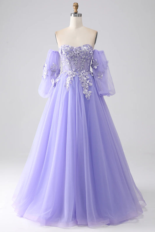 AerbaDress Lavender A-Line Strapless Tulle Long Prom Dress with Sleeves
