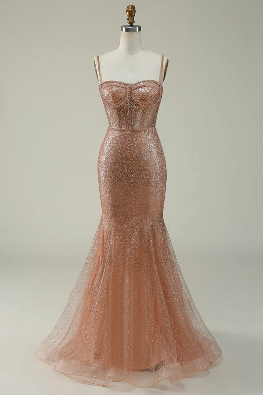 AerbaDress Mermaid Spaghetti Straps Blush Sequins Long Prom Dress