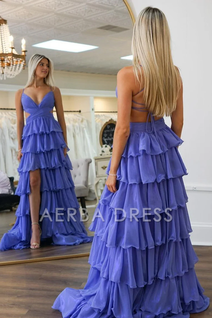 AERBA DRESS Formal Wear Dresses A-Line Spaghetti Straps Backless Lace Up Long Ruched Tiered With Slit Exquisite Prom Dress
