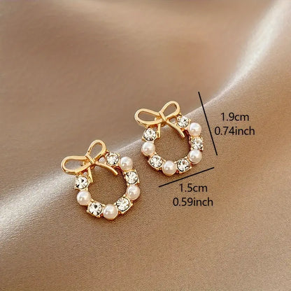 Aerba Tiny Delicate Round Stud Earrings With Bow Imitation Pearl Design Zinc Alloy Jewelry Elegant Simple Style For Women Daily Wear