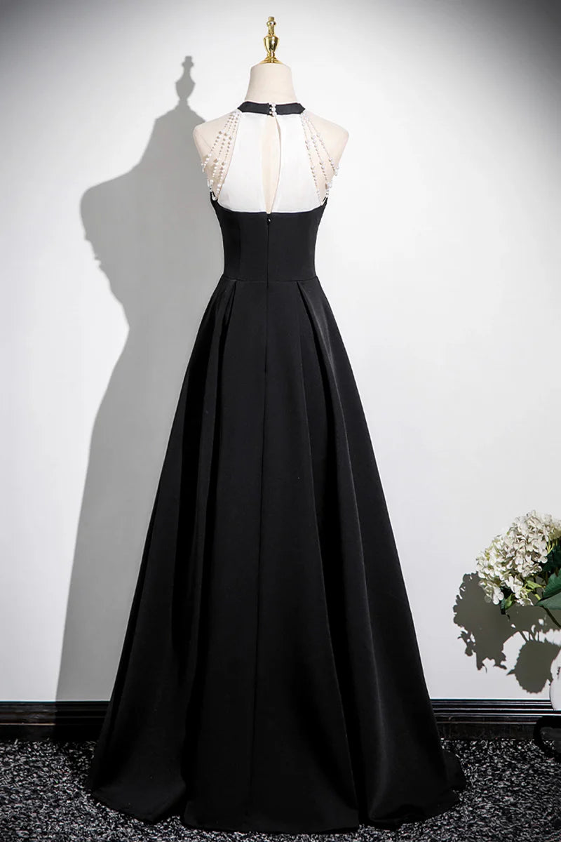 Black A-Line Halter Sleeveless Bead string Pleated Backless Elegant Long Prom Dresses Formal Graduation Dress Evening Dresses