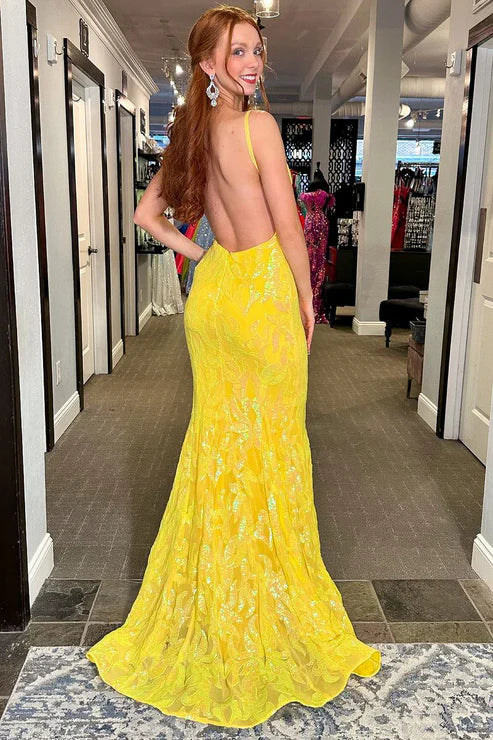 AerbaDress Mermaid Evening Dress V Neck Yellow Sequins Lace Backless Long Prom Dresses