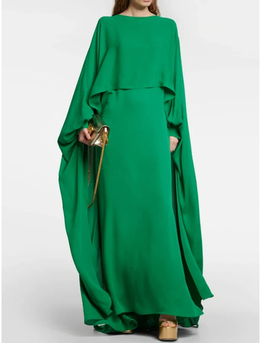 A-Line Evening Gown Elegant Dress Formal Floor Length Long Sleeve Jewel Neck Chiffon with Pleats
