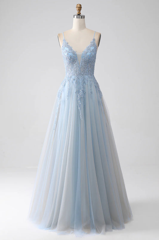 AerbaDress A-Line Spaghetti Straps Grey Blue Prom Dress with Beading