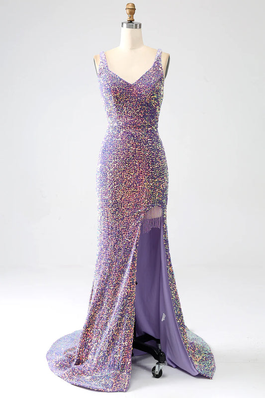 AerbaDress Sparkly Mermaid Light Purple Sequins Prom Dress with Slit