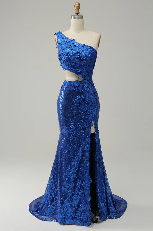 AerbaDress Mermaid One Shoulder Royal Blue Sequins Cut Out Prom Dress with Split Front