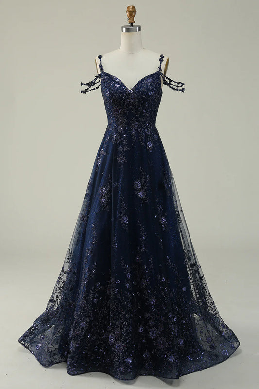 AerbaDress Navy A Line Cold Shoulder Long Prom Dress