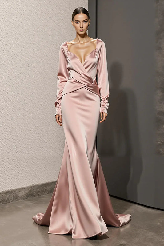 Charming Light Pink Satin Mermaid Deep V Neck Waist Knot Backless Long Sleeves Exquisite Long Formal Dress Hot Sale Evening Dress