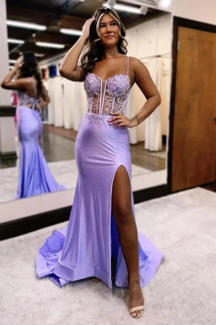 AerbaDress Mermaid Glitter Top Spaghetti Straps Prom Dress With Slit