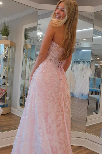 AerbaDress Cute Pink Evening Dress Flowers Lace A-Line Long Prom Dresses