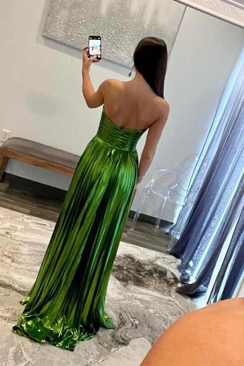 AerbaDress Green Evening Dress Strapless Pleated A-Line Long Prom Dresses