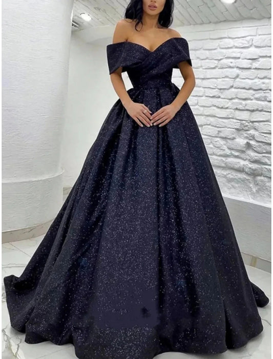 A-Line Prom Dresses Glittering Dress Black Tie Gala Sweep / Brush Train Short Sleeve Off Shoulder Sequined with Glitter Pleats