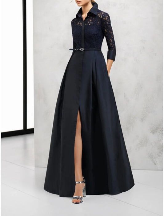 A-Line Mother of the Bride Dress Wedding Guest Vintage Elegant Shirt Collar Floor Length Satin Lace 3/4 Length Sleeve with Sash / Ribbon Split