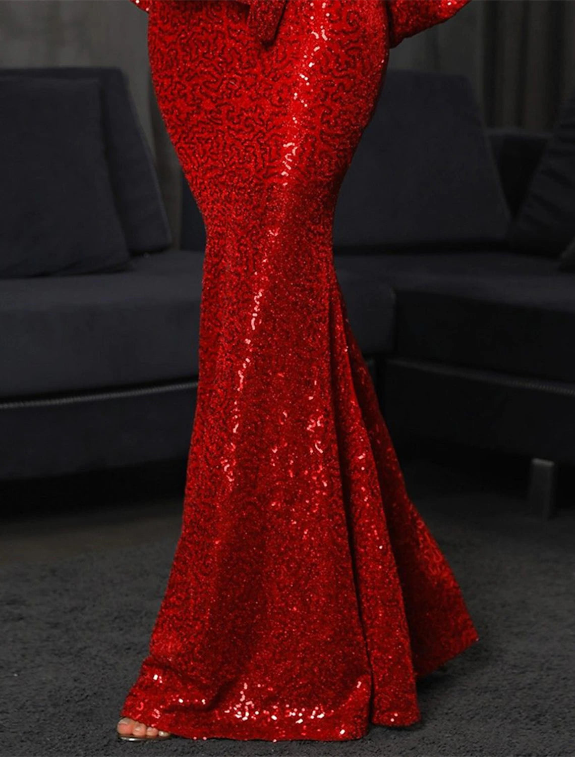 Mermaid Evening Gown Sparkle Christmas Red Green Dress Dress Formal Wedding Guest Floor Length Long Sleeve V Neck Fall Wedding Reception Sequined with Bow(s) Sequin