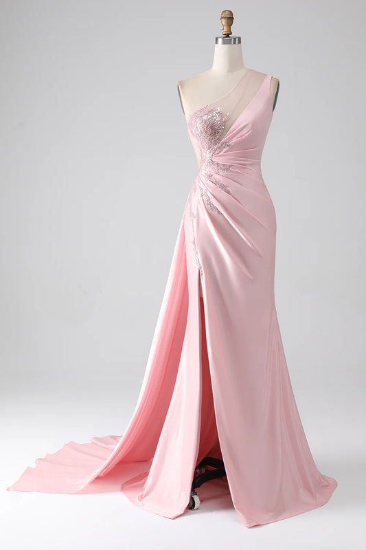 AerbaDress Pink Mermaid One Shoulder Sequins Appliques Ruched Prom Dress With Slit