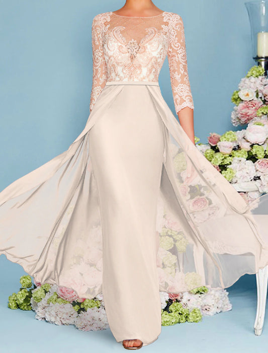 Sheath / Column Mother of the Bride Dress Wedding Guest Vintage Elegant Scoop Neck Floor Length Chiffon Lace Half Sleeve with Pleats