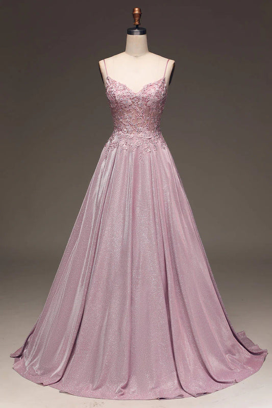 AerbaDress Glitter Spaghetti Straps Blush Prom Dress with Beading