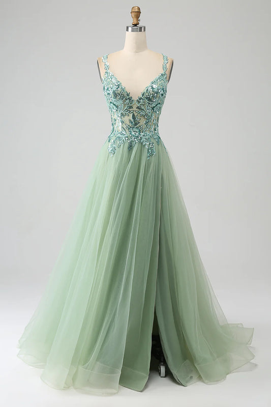 AerbaDress Gorgeous A Line V Neck Light Green Long Prom Dress with Appliques
