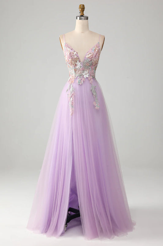 AerbaDress Glitter A-Line Spaghetti Straps Lilac Long Prom Dress with Flowers