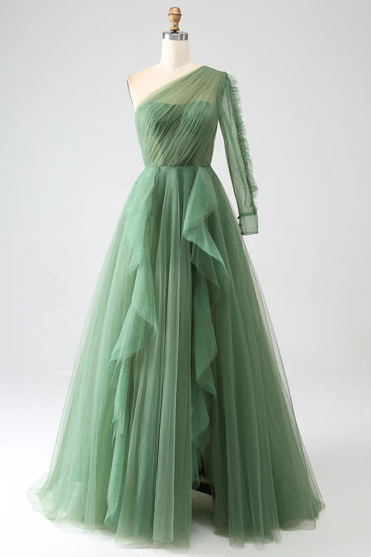 AerbaDress Dark Green A-Line One-Shoulder Long Prom Dress With Long Sleeves