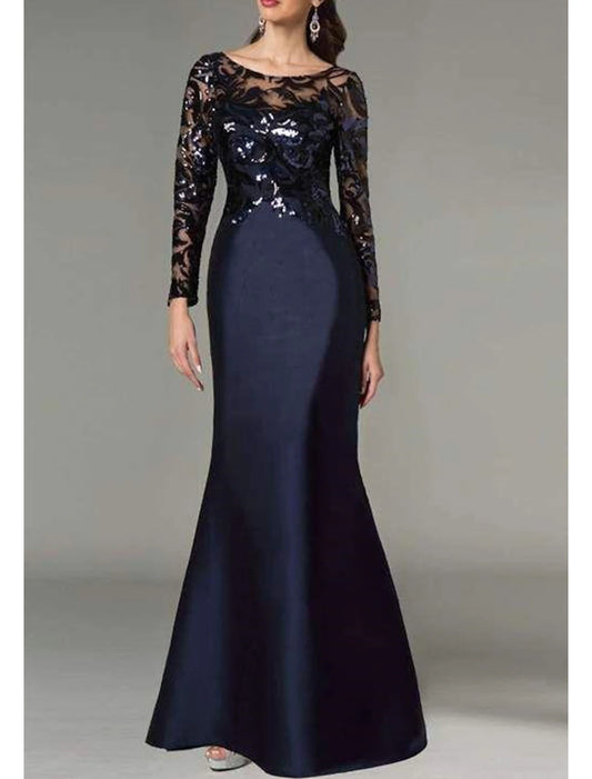 Mermaid / Trumpet Mother of the Bride Dress Fall Wedding Guest Elegant Sparkle & Shine Jewel Neck Floor Length Satin Sequined Long Sleeve with Sequin