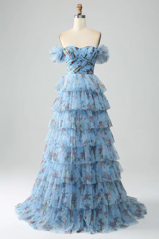AerbaDress Off the Shoulder Floral Printed Tiered Prom Dress with Pleated