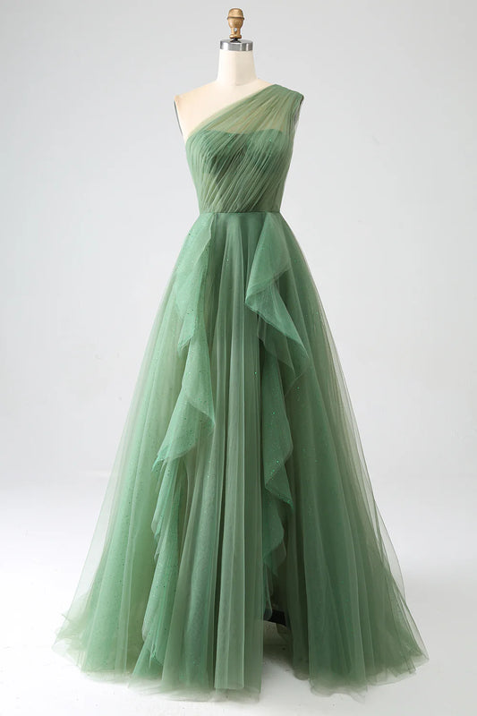 AerbaDress Dark Green Tulle A-Line One-Shoulder Long Prom Dress