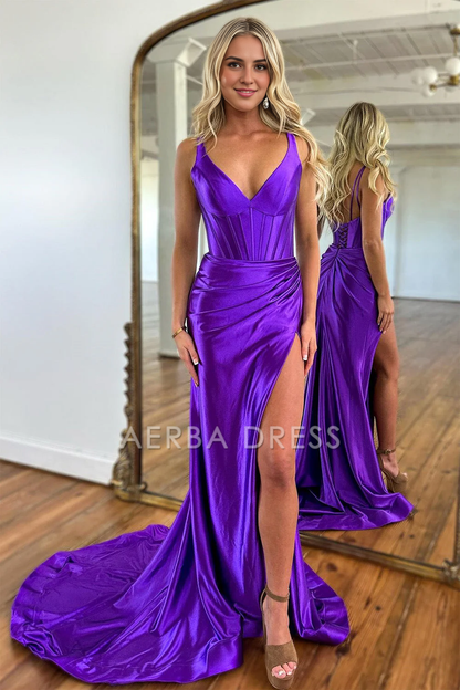 AERBA DRESS Formal Wear Dresses Mermaid V-Neck Satin Long Split Sweep Train Elegant Prom Dress