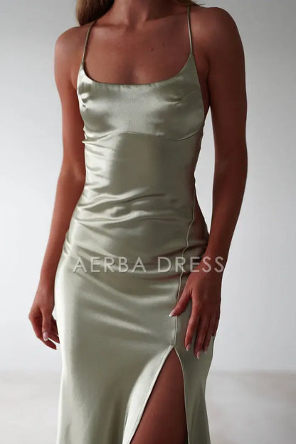 AERBA DRESS Prom Dress Figure Slimming Slip Dress Straight Neckline Low Back Adjustable Tie Straps Elegant Simple Formal Wear Dresses