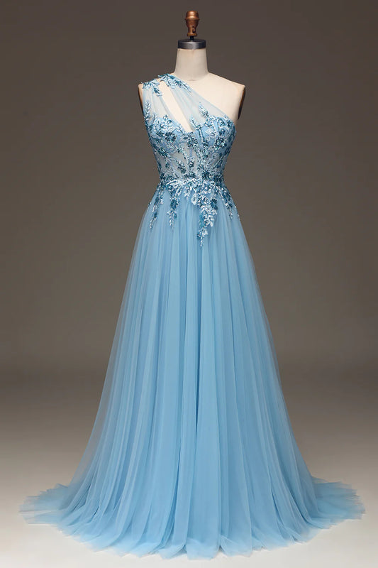 AerbaDress Light Blue A-Line One Shoulder Sequin Prom Dress with Appliques
