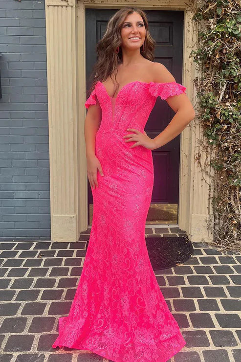 AerbaDress Fuchsia Evening Dress Off the Shoulder Lace Mermaid Long Prom Dresses