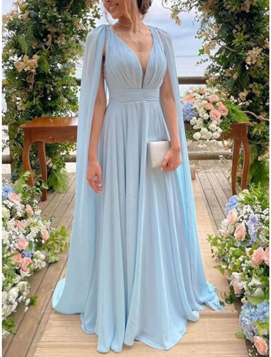 Sheath / Column Mother of the Bride Dress Wedding Guest Party Elegant V Neck Court Train Chiffon Sleeveless with Pleats