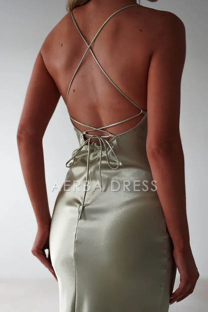 AERBA DRESS Prom Dress Figure Slimming Slip Dress Straight Neckline Low Back Adjustable Tie Straps Elegant Simple Formal Wear Dresses