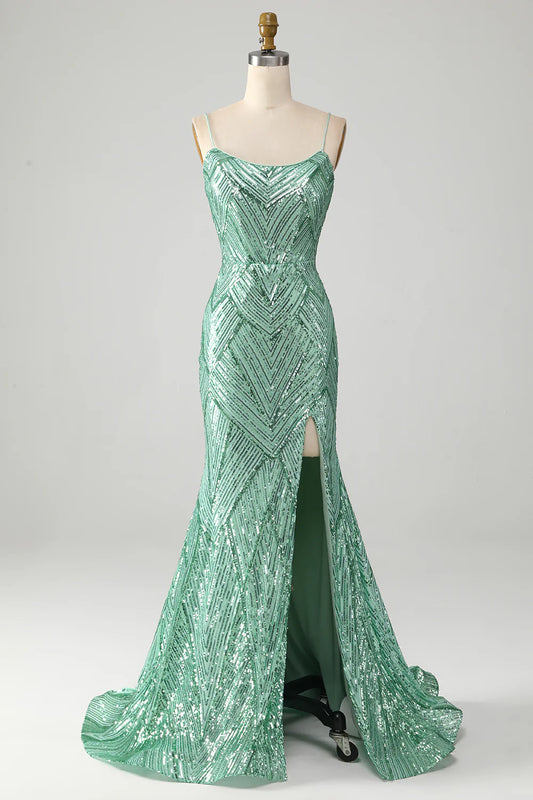 AerbaDress Sparkly Green Sequins Lace-Up Back Long Mermaid Prom Dress with Slit