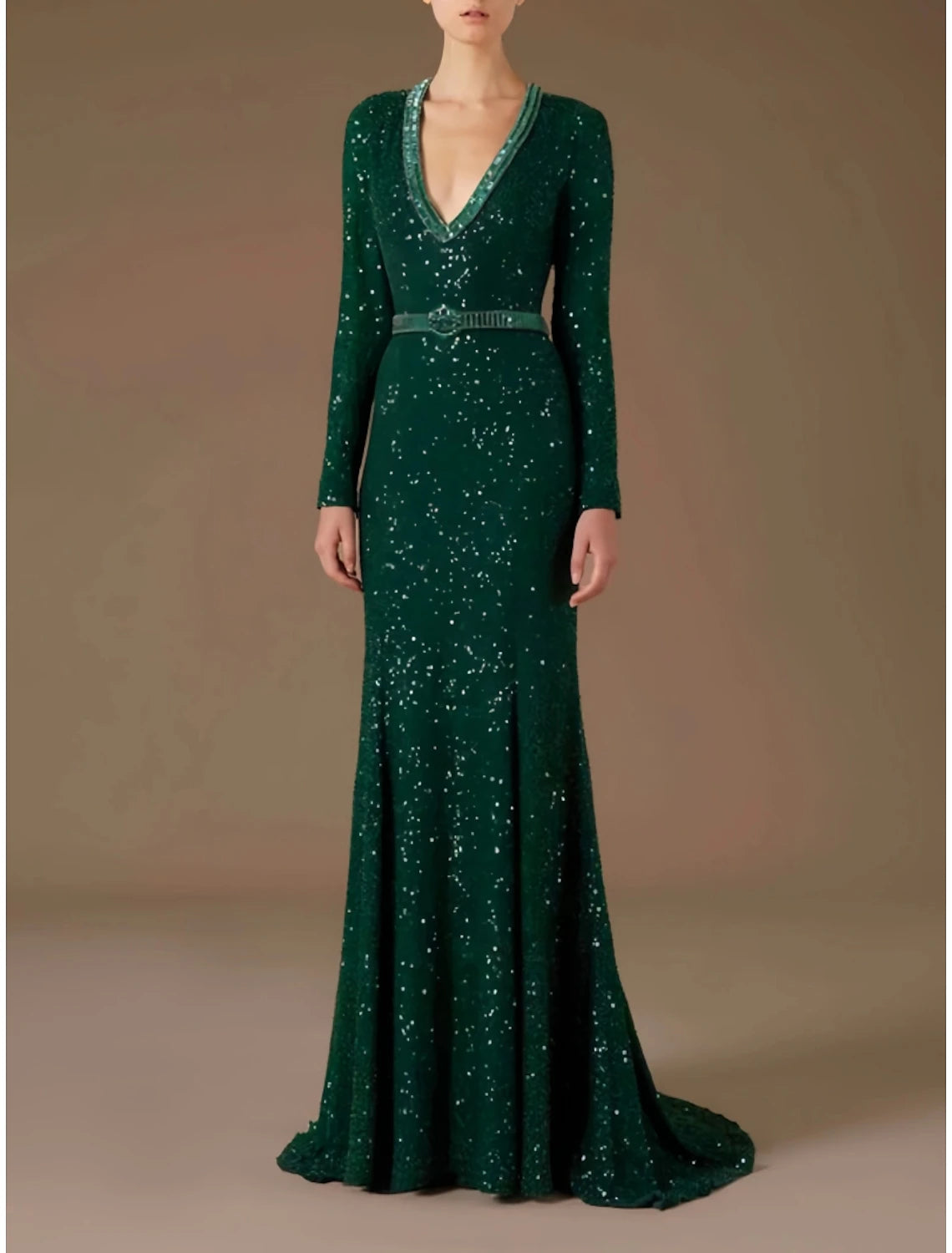 Mermaid / Trumpet Evening Gown Elegant Dress Formal Sweep / Brush Train Long Sleeve V Neck Sequined with Glitter Pleats