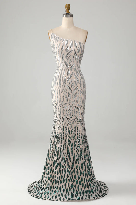 AerbaDress Sparkly Mermaid One Shoulder Dark Green Sequins Long Prom Dress