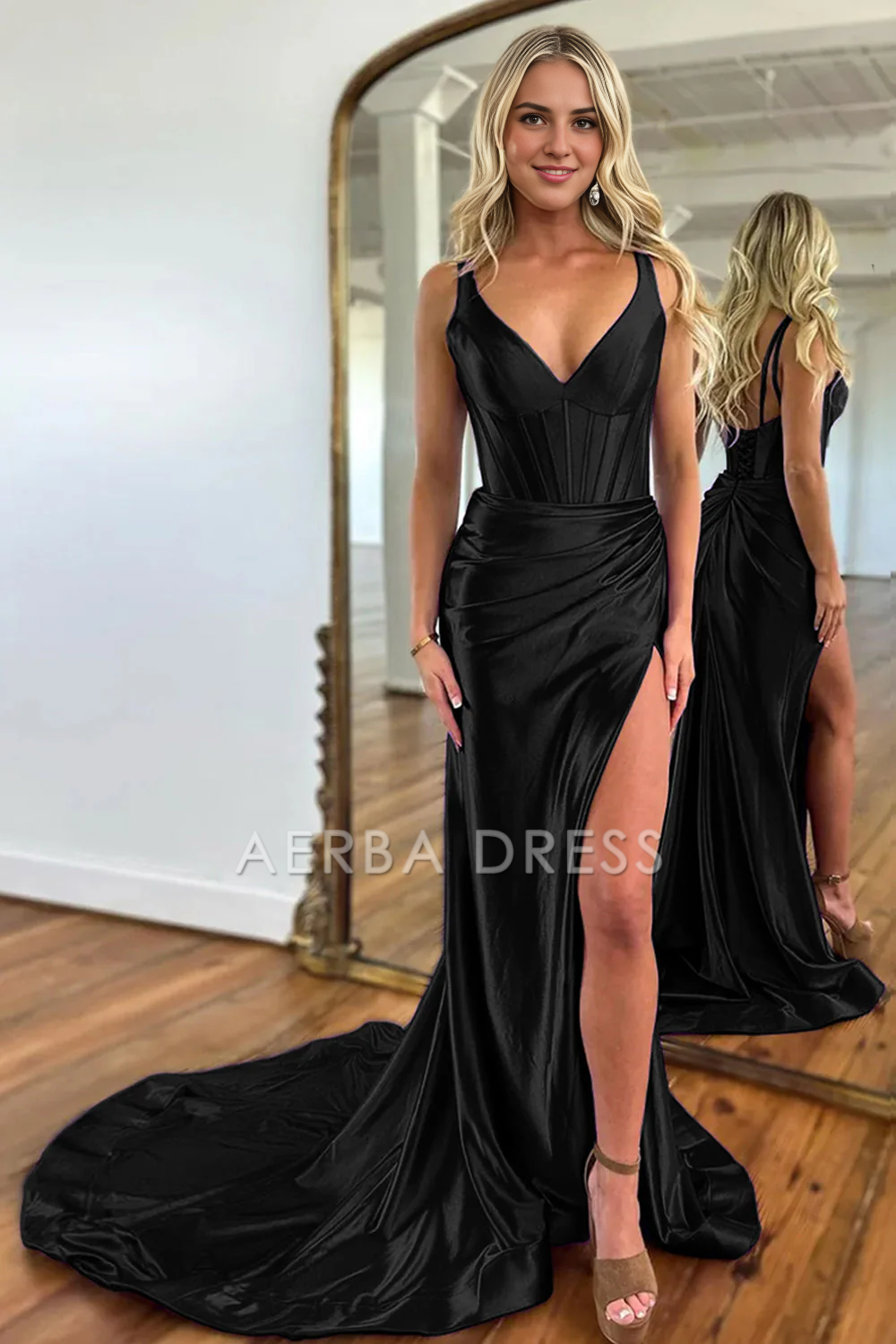 AERBA DRESS Formal Wear Dresses Mermaid V-Neck Satin Long Split Sweep Train Elegant Prom Dress