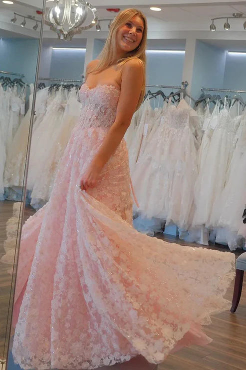AerbaDress Cute Pink Evening Dress Flowers Lace A-Line Long Prom Dresses