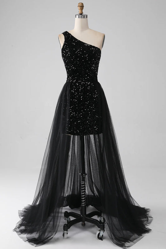 AerbaDress A-Line Black One Shoulder Sequins Prom Dress