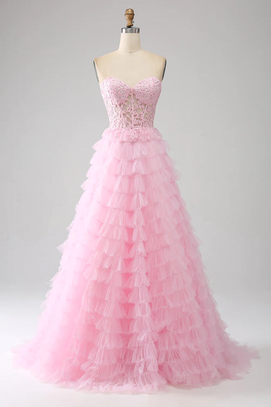 AerbaDress Pink A-Line Strapless Tiered Long Corset Prom Dress