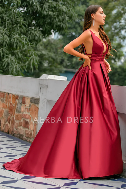AERBA DRESS Formal Wear Dresses Charming Deep V Neck Backless Sexy Sweep Train Prom Dress