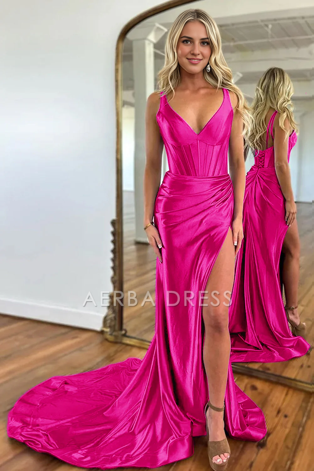 AERBA DRESS Formal Wear Dresses Mermaid V-Neck Satin Long Split Sweep Train Elegant Prom Dress