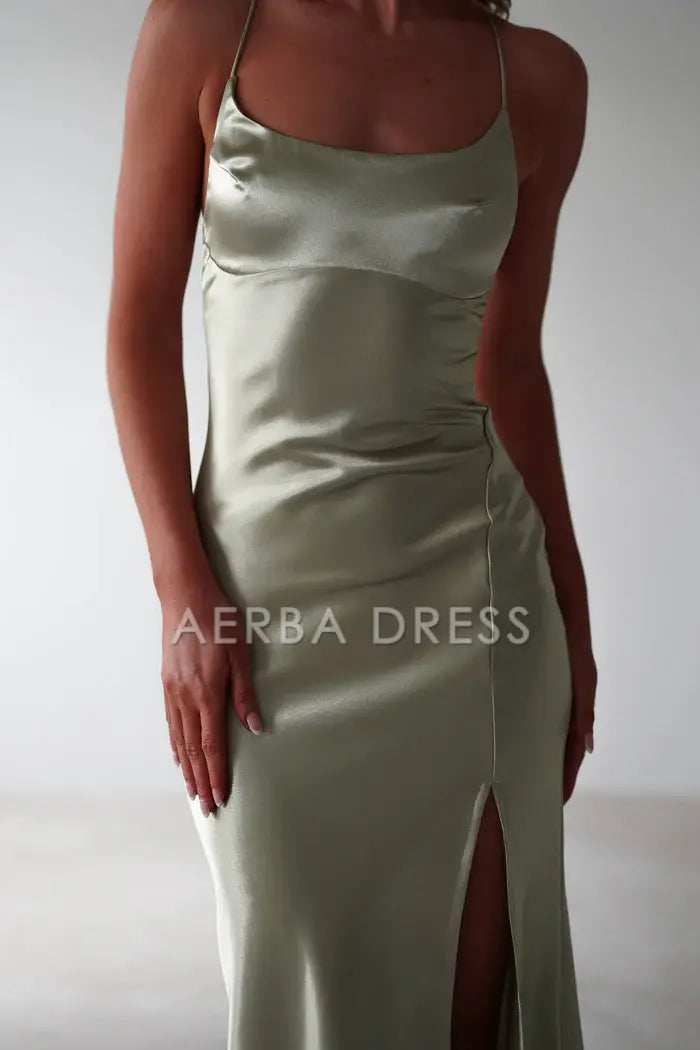 AERBA DRESS Prom Dress Figure Slimming Slip Dress Straight Neckline Low Back Adjustable Tie Straps Elegant Simple Formal Wear Dresses