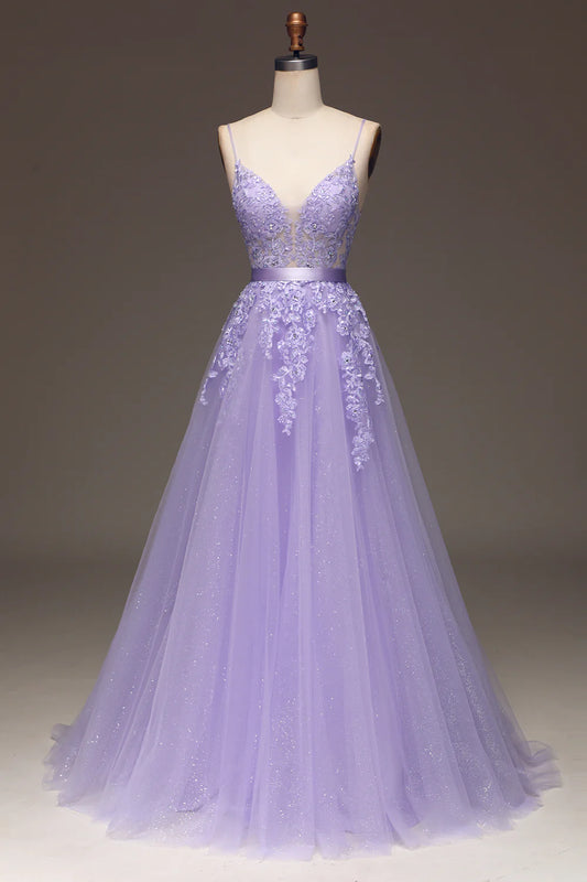 AerbaDress Purple A-Line Spaghetti Straps Long Beaded and Tulle Prom Dress with Appliques